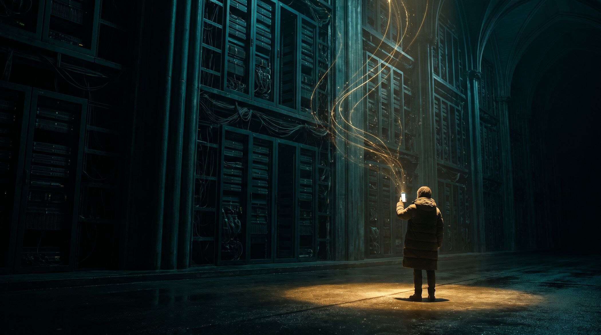 A lone person dwarfed inside a vast cathedral of petrol-teal server racks, gold threads of their private data streaming from their phone up into the machine.