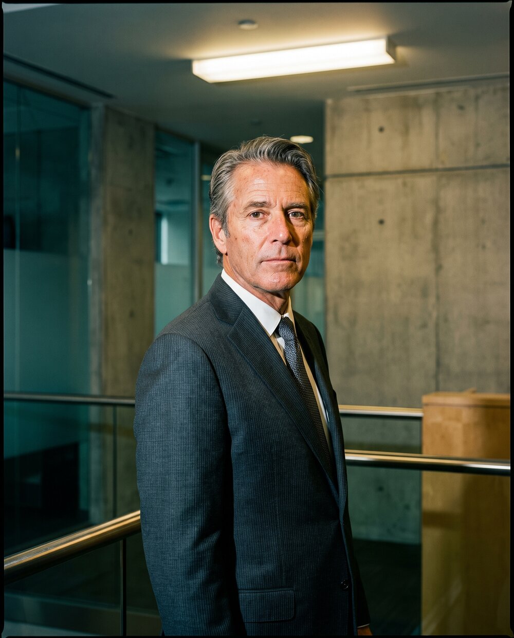 A composed executive standing on a trading floor.