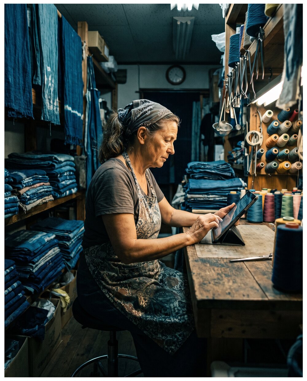 A small-business owner in their workshop, confident, phone in hand.