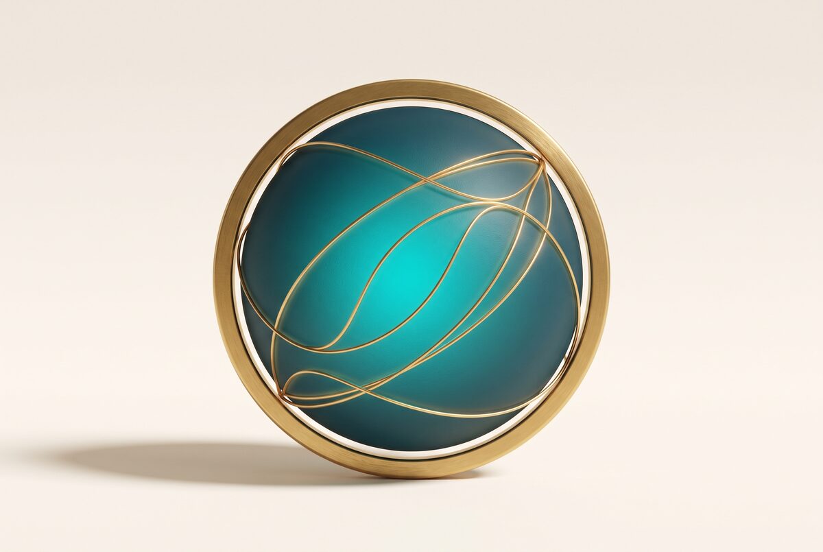 A glowing petrol-teal sphere sealed inside a brushed-gold ring: full AI capability held privately.