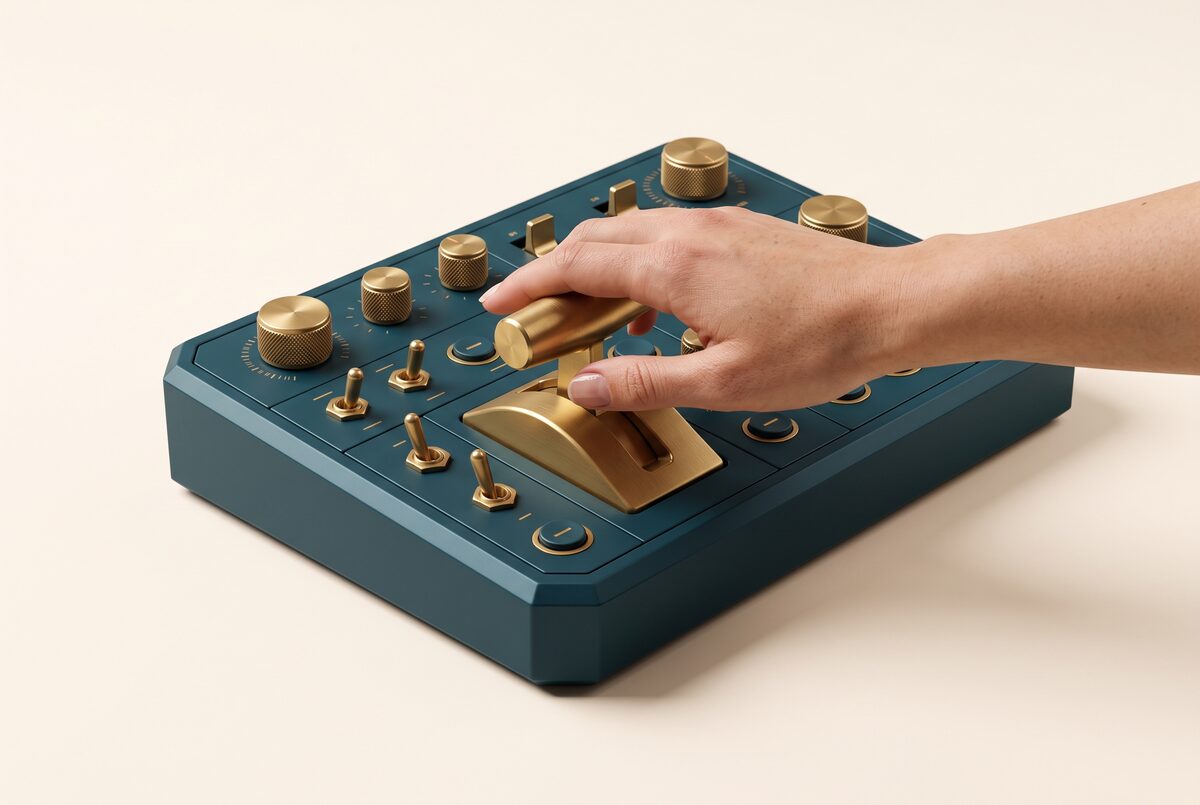 A teal control console of brushed-gold dials and levers with a hand in command: complete control.