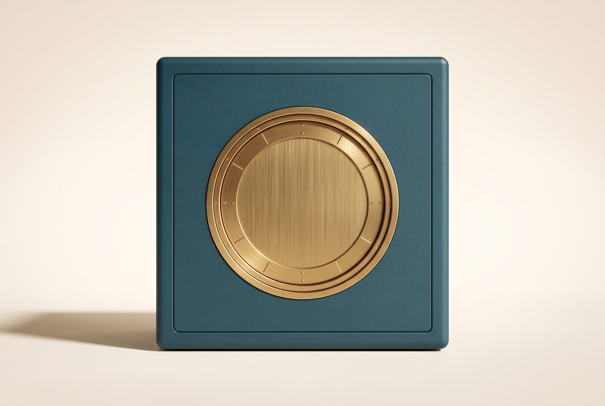 A matte teal safe with a blank brushed-gold face: nothing visible to an outside vendor.