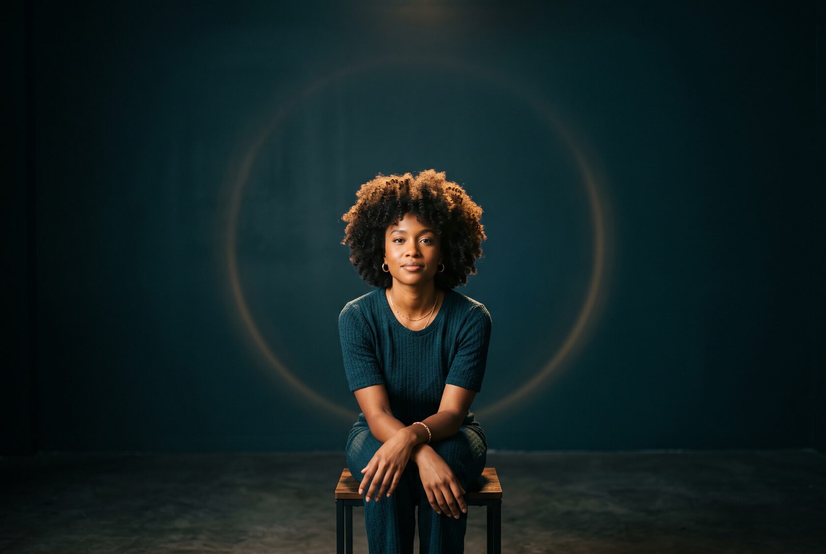 A composed woman alone in a deep-teal studio, a ring of gold light behind her: one harness holding one user's full attention.