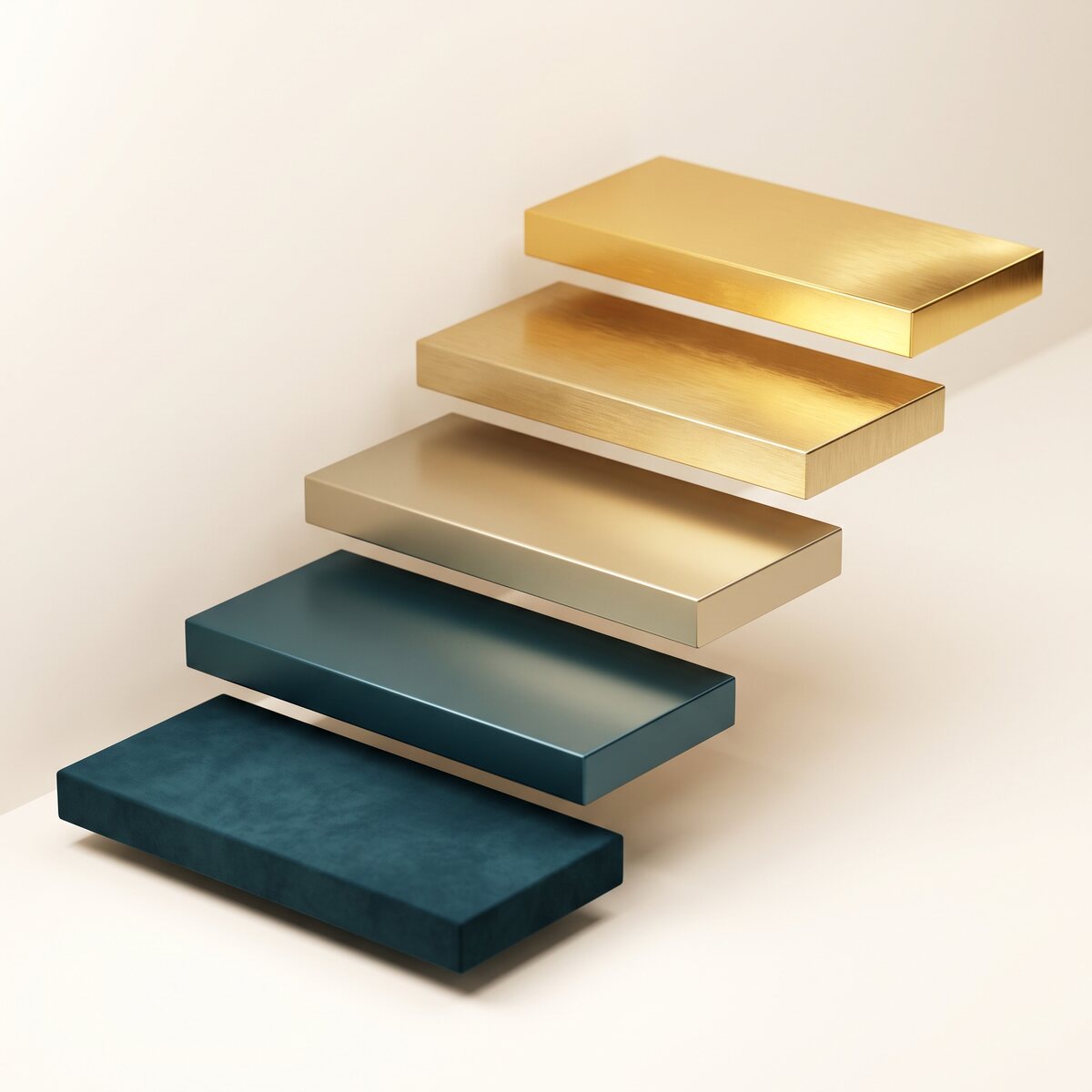 Five floating slab steps ascending from deep matte teal to radiant polished gold: sovereignty rising tier by tier from vendor-owned to user-owned.