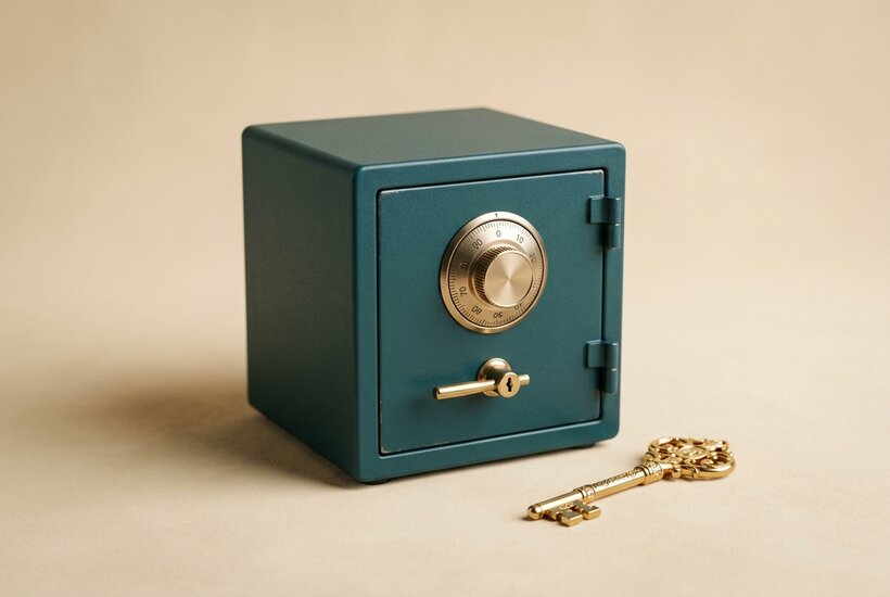 A teal vault box with a gold key.