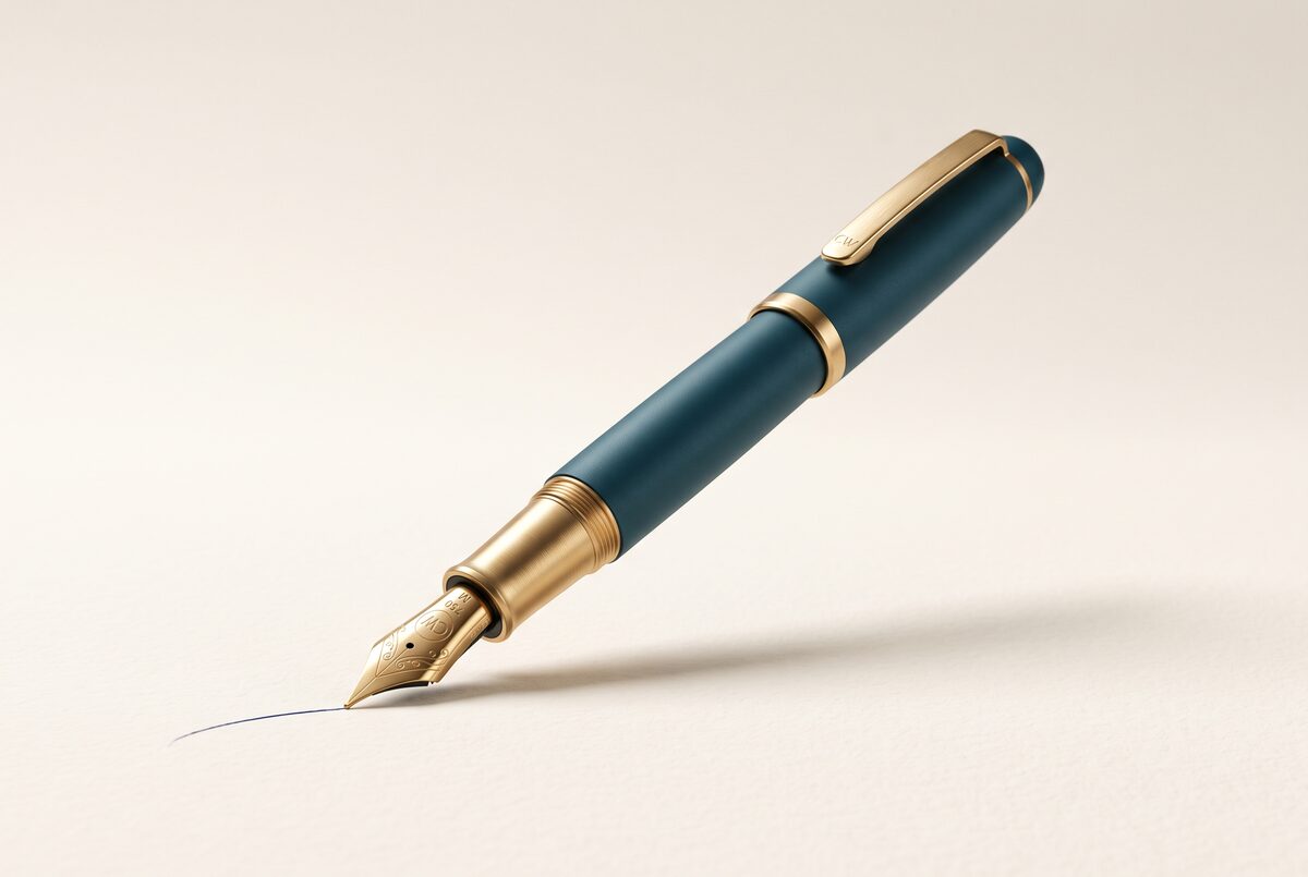 A matte teal fountain pen with a brushed-gold nib: a collaborative writing partner.