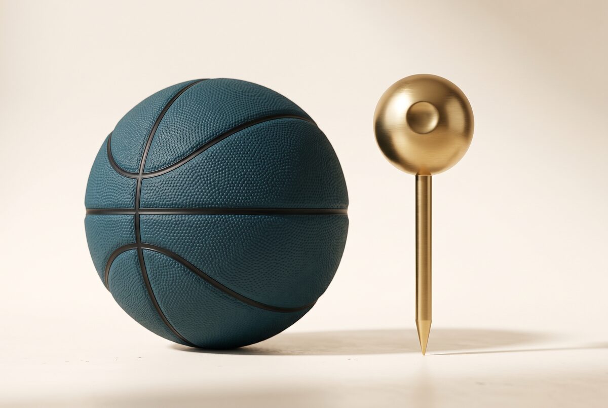 A matte teal basketball beside a brushed-gold map pin: a proactive personal reminder with nearby stock.