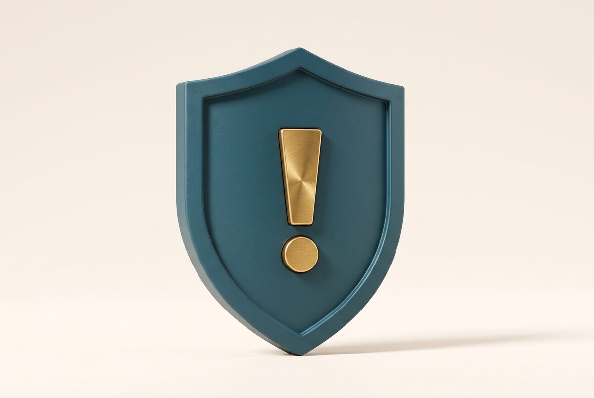 A matte teal shield with a brushed-gold alert: flags an intruder in a group chat.