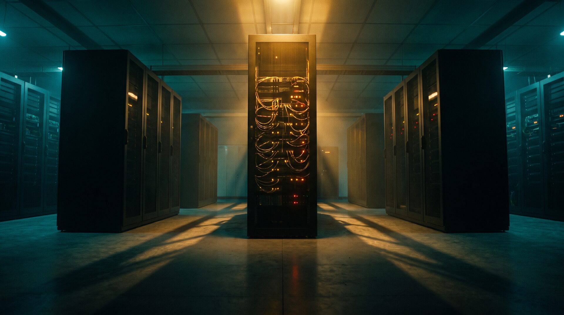 A private data hall with a single illuminated gold server rack: sovereign infrastructure.
