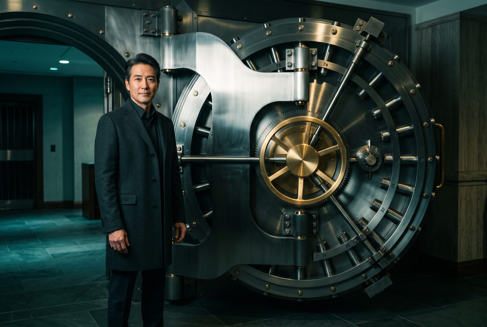 A composed man standing before a massive steel bank vault with a brushed-gold locking wheel: security and ownership held by the user.