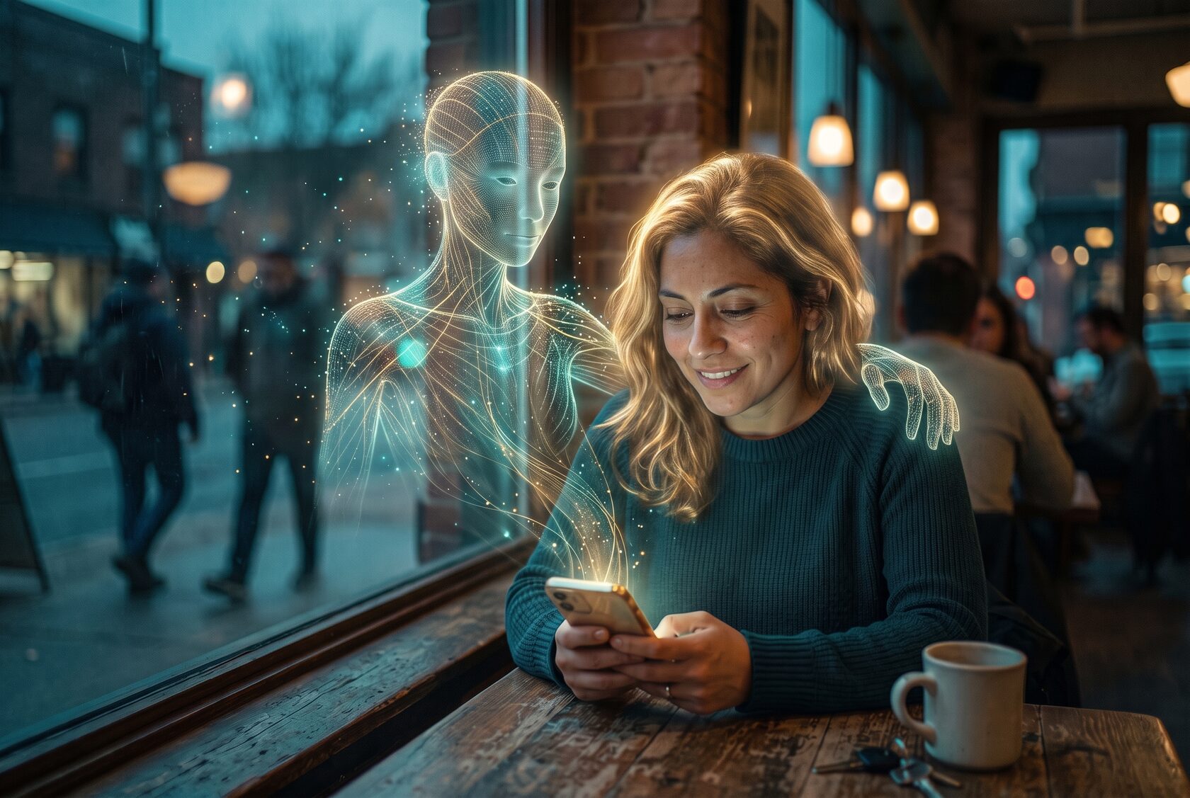 A woman with her phone in a cafe, a luminous gold-and-teal AI presence attentive at her shoulder: an AI that acts before it is asked.