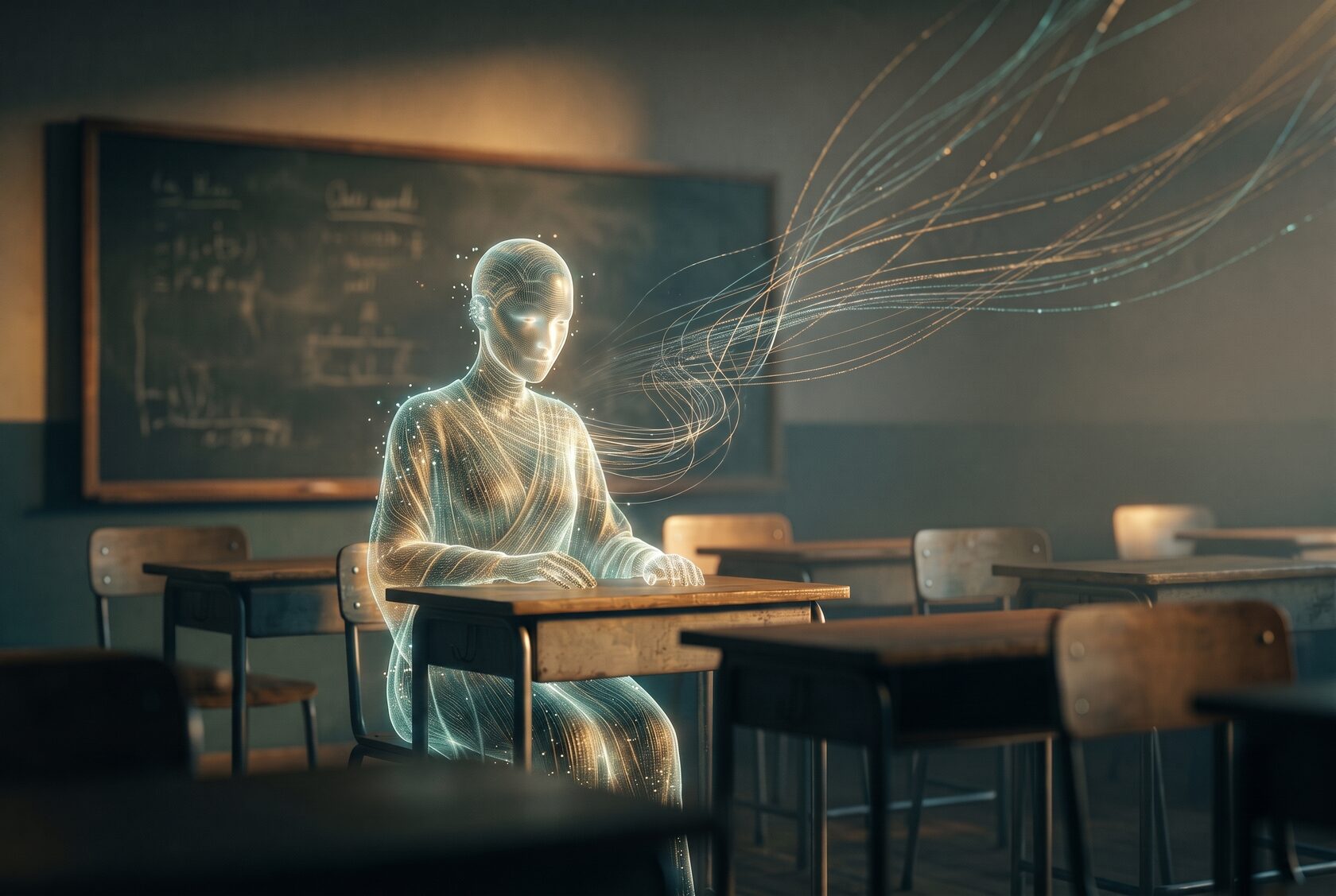 A luminous AI figure seated at a school desk while strands of light for text, image, sound and memory flow into it: a world model learning from one user's stream.