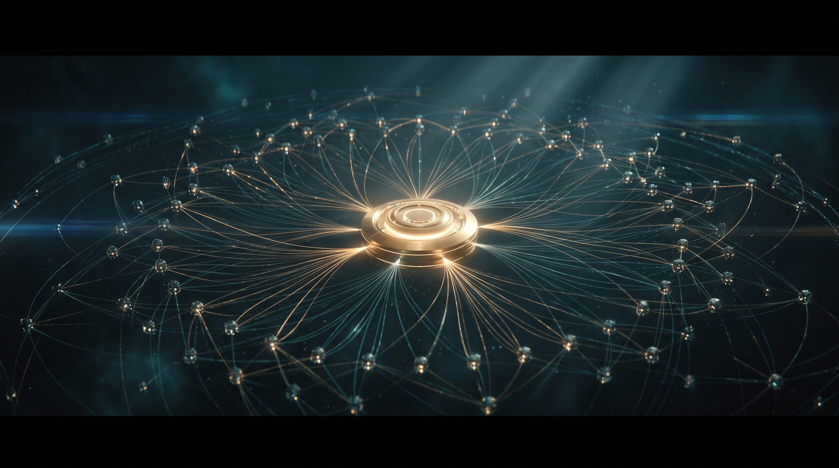 A luminous gold orchestration hub at the centre of a vast dark lattice, fine gold and teal threads radiating to countless capability nodes: an AI operating system unifying everything.