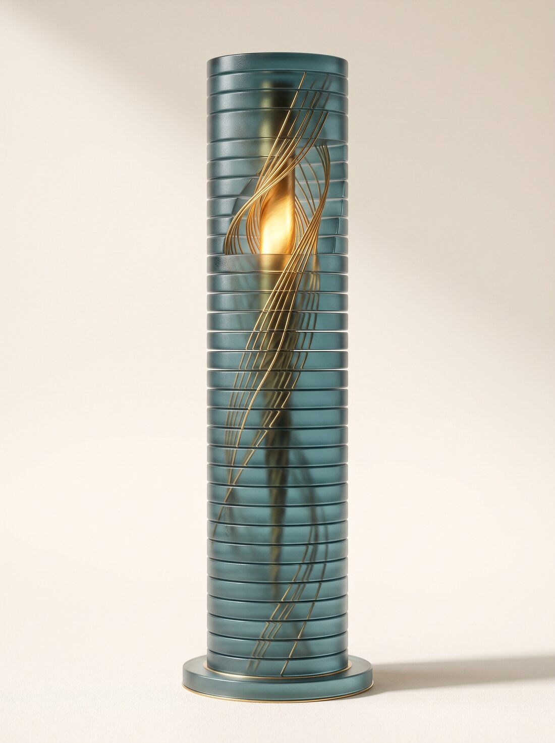 A tall glossy teal-glass monolith of stacked capability layers unified by brushed-gold threads converging into a single gold core: VALIR as an AI operating system.